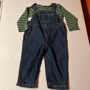Fisher-Price Blue Overalls and green & tan‎ striped long sleeve shirt